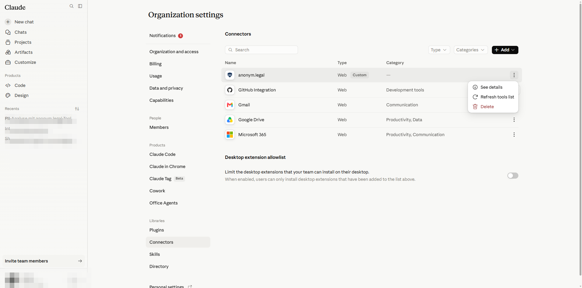 Row action menu with Delete option