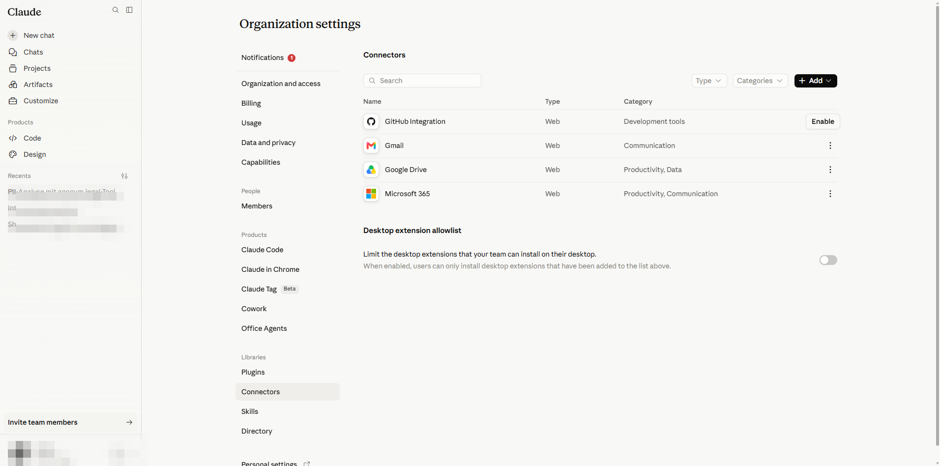 Admin Connectors list before adding anonym.legal
