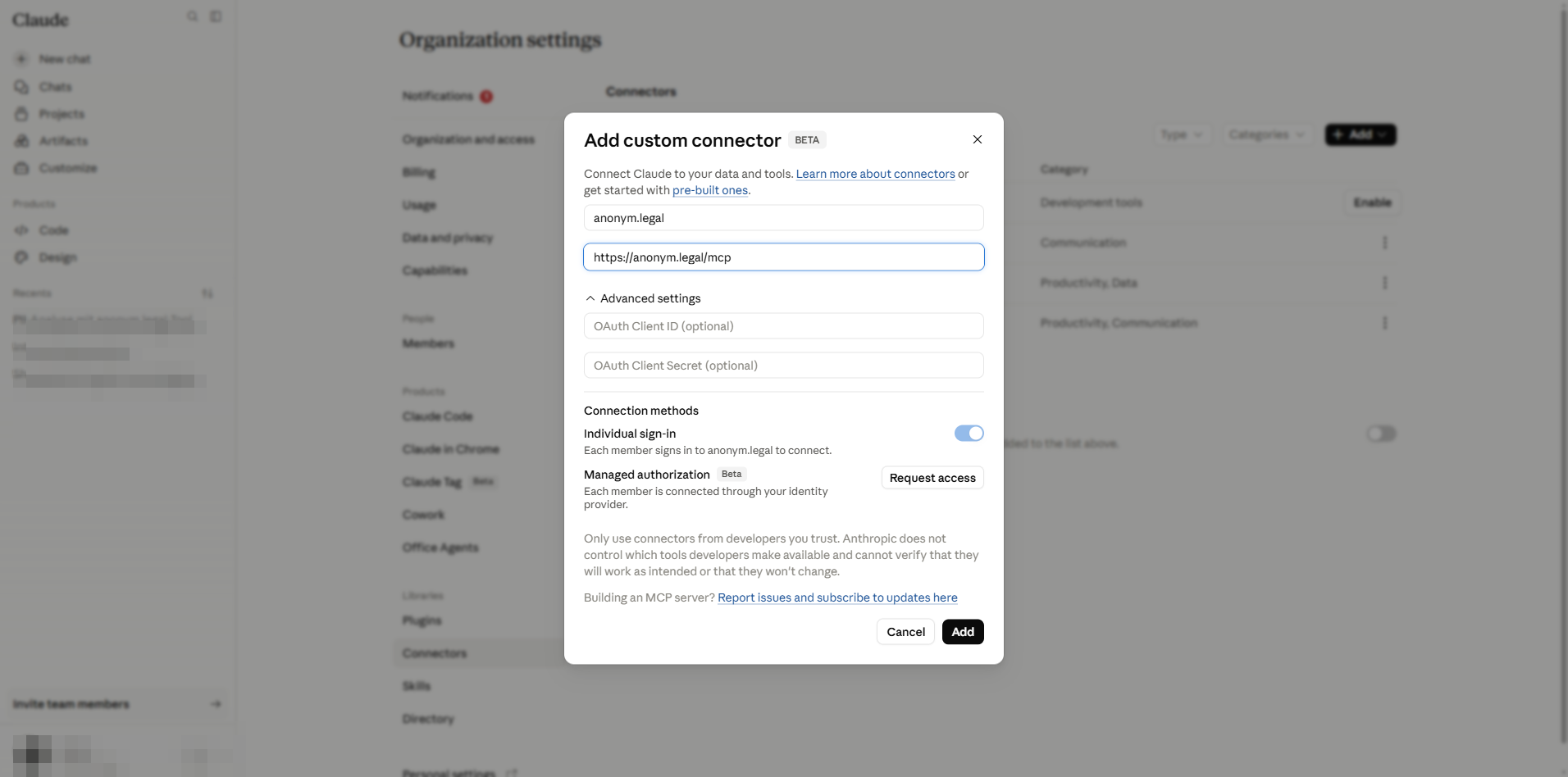 Filled add-connector dialog