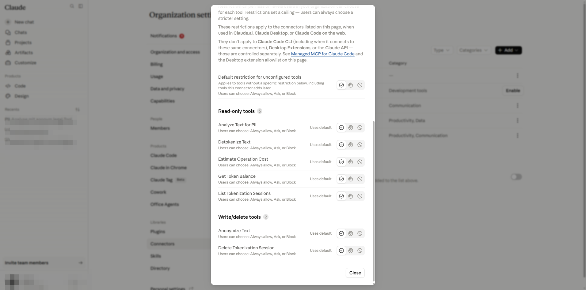 Write/delete tools permission table
