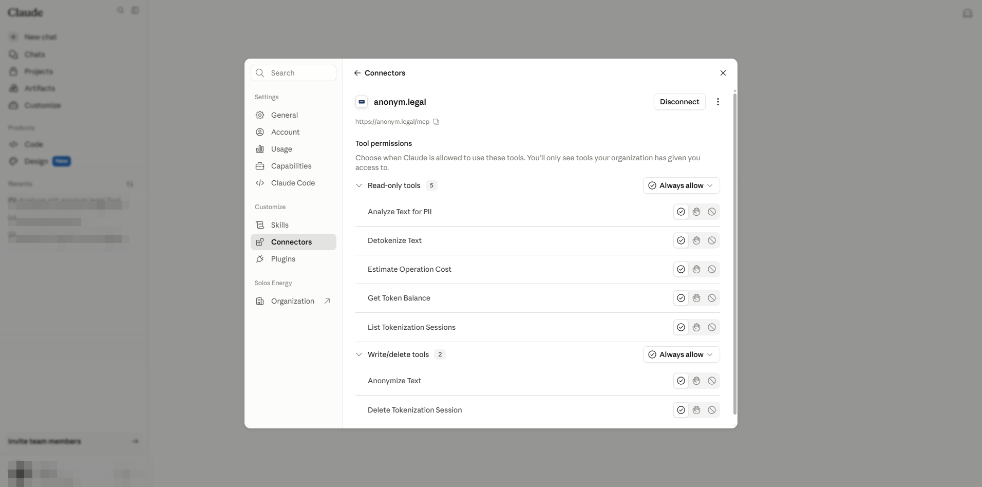 User connector detail with URL and permissions