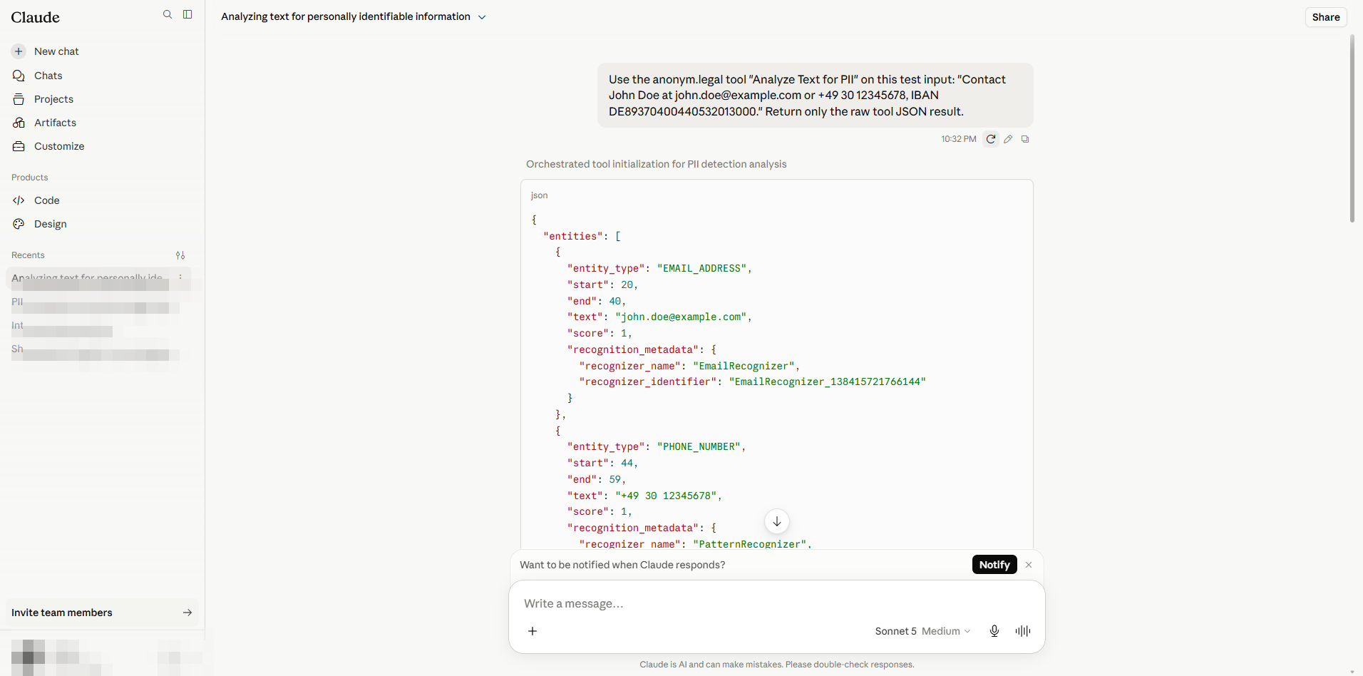 Chat showing anonym.legal tool response